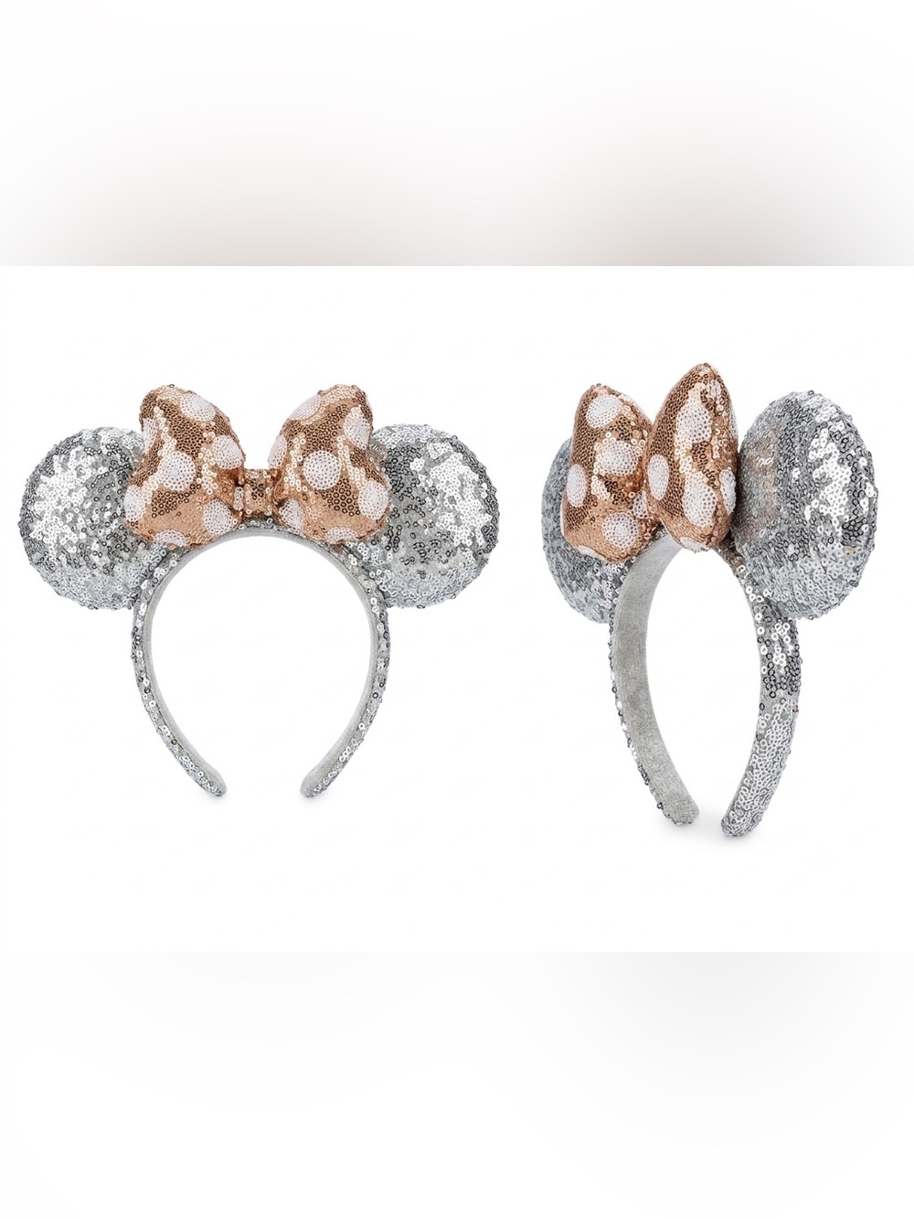 Disney Sequin Minnie Ear Headband in Silver with Rose Gold Bow